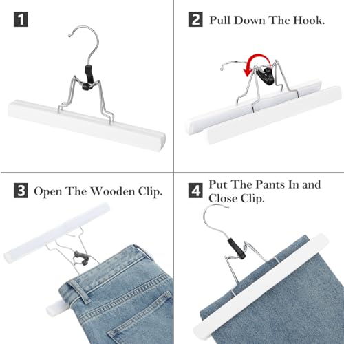 AMKUFO 12 Pack White Wooden Pants Hangers with Clips Non Slip Skirt Hangers Trouser Clamp Hanger Solid Wood Hanger with 360° Swivel Hook - Image 4
