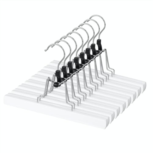 AMKUFO 12 Pack White Wooden Pants Hangers with Clips Non Slip Skirt Hangers Trouser Clamp Hanger Solid Wood Hanger with 360° Swivel Hook - Image 1
