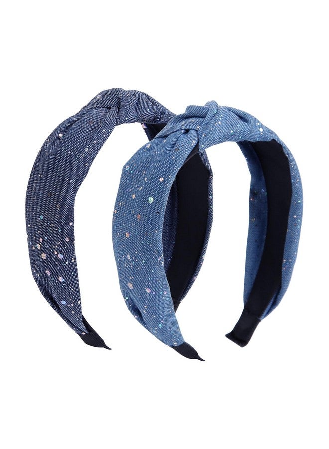 ووفوووفو عصابة رأس من قماش الدنيم للنساء، عصابة رأس عصرية للنساء غير قابلة للانزلاق من قماش الدنيم للفتيات، عصابة رأس سميكة بعقدة علوية، إكسسوارات شعر للنساء (براقة) - Image 1