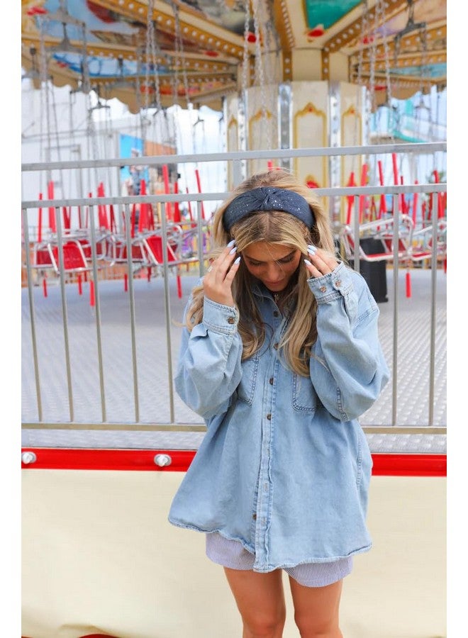 ووفوووفو عصابة رأس من قماش الدنيم للنساء، عصابة رأس عصرية للنساء غير قابلة للانزلاق من قماش الدنيم للفتيات، عصابة رأس سميكة بعقدة علوية، إكسسوارات شعر للنساء (براقة) - Image 2