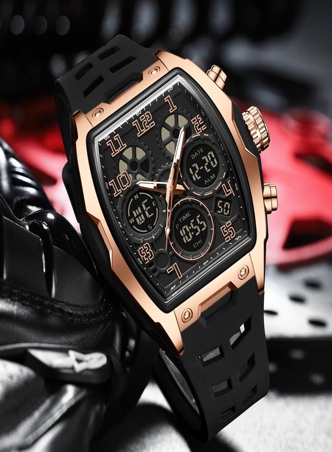 FANMIS Watch for Men Fashion Hollow Unique Rectangle Dial Wristwatch Waterproof Sport Digital Analog Dual Time Display Stopwatch Punk Cool Design Silicon Strap Dress Watch, Red - Image 5