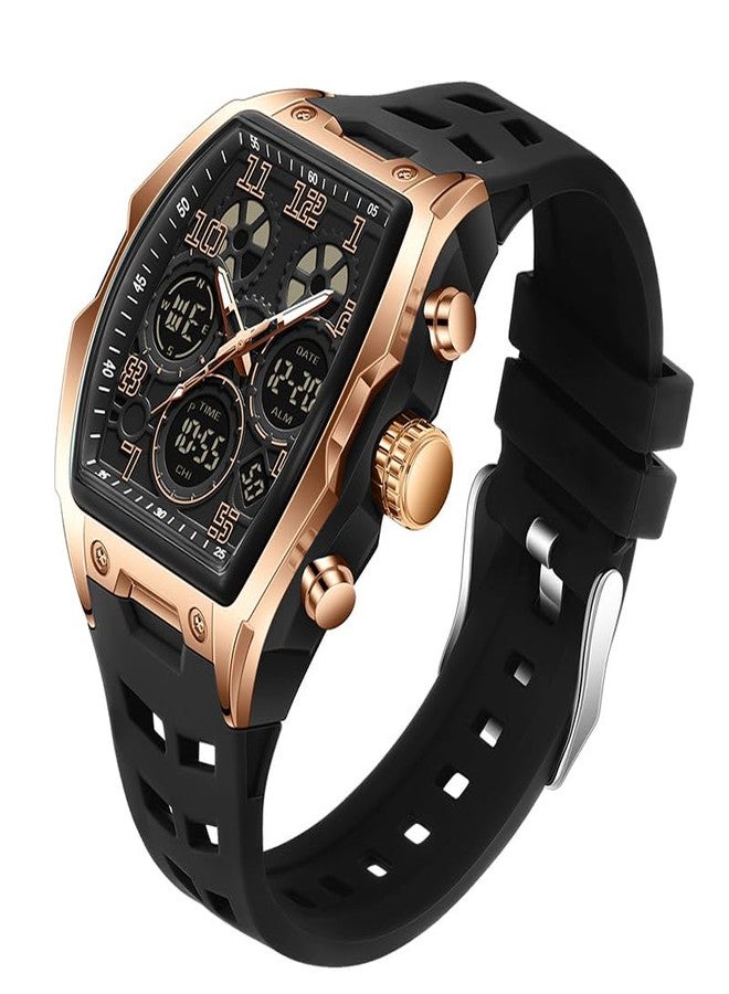 FANMIS Watch for Men Fashion Hollow Unique Rectangle Dial Wristwatch Waterproof Sport Digital Analog Dual Time Display Stopwatch Punk Cool Design Silicon Strap Dress Watch, Red - Image 1