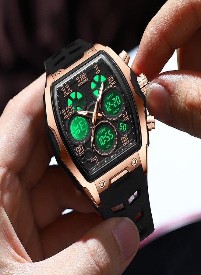 FANMIS Watch for Men Fashion Hollow Unique Rectangle Dial Wristwatch Waterproof Sport Digital Analog Dual Time Display Stopwatch Punk Cool Design Silicon Strap Dress Watch, Red - Image 4