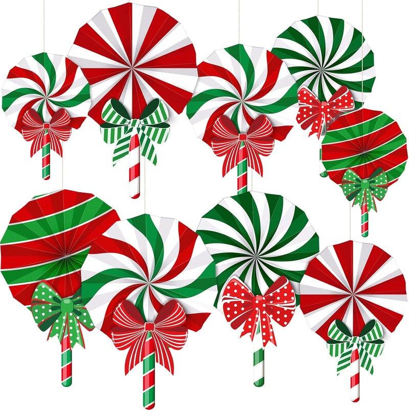 Pajean 12 Pcs Christmas Candy Hanging Paper Fans Peppermint Lollipop Hanging Fans Christmas Classroom Ceiling Decoration Candy Garland for Birthday Party Ceiling Wall Tree Ornaments - Image 1