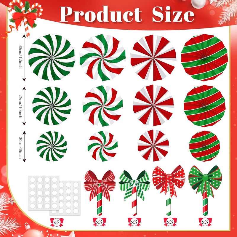 Pajean 12 Pcs Christmas Candy Hanging Paper Fans Peppermint Lollipop Hanging Fans Christmas Classroom Ceiling Decoration Candy Garland for Birthday Party Ceiling Wall Tree Ornaments - Image 2