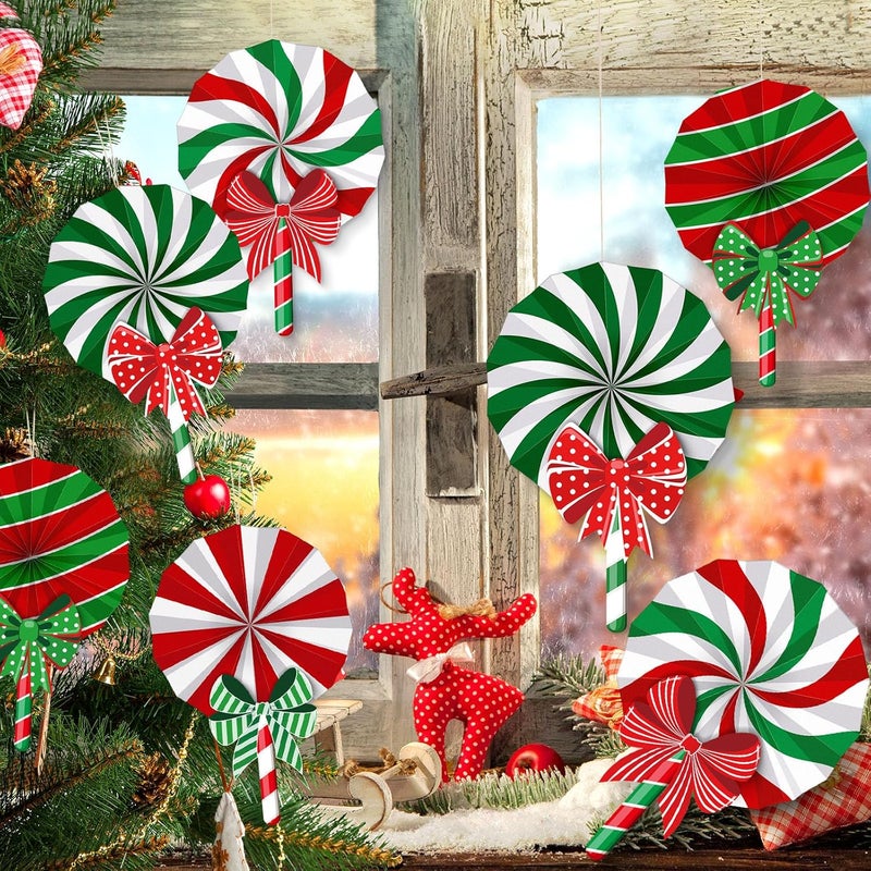 Pajean 12 Pcs Christmas Candy Hanging Paper Fans Peppermint Lollipop Hanging Fans Christmas Classroom Ceiling Decoration Candy Garland for Birthday Party Ceiling Wall Tree Ornaments - Image 5