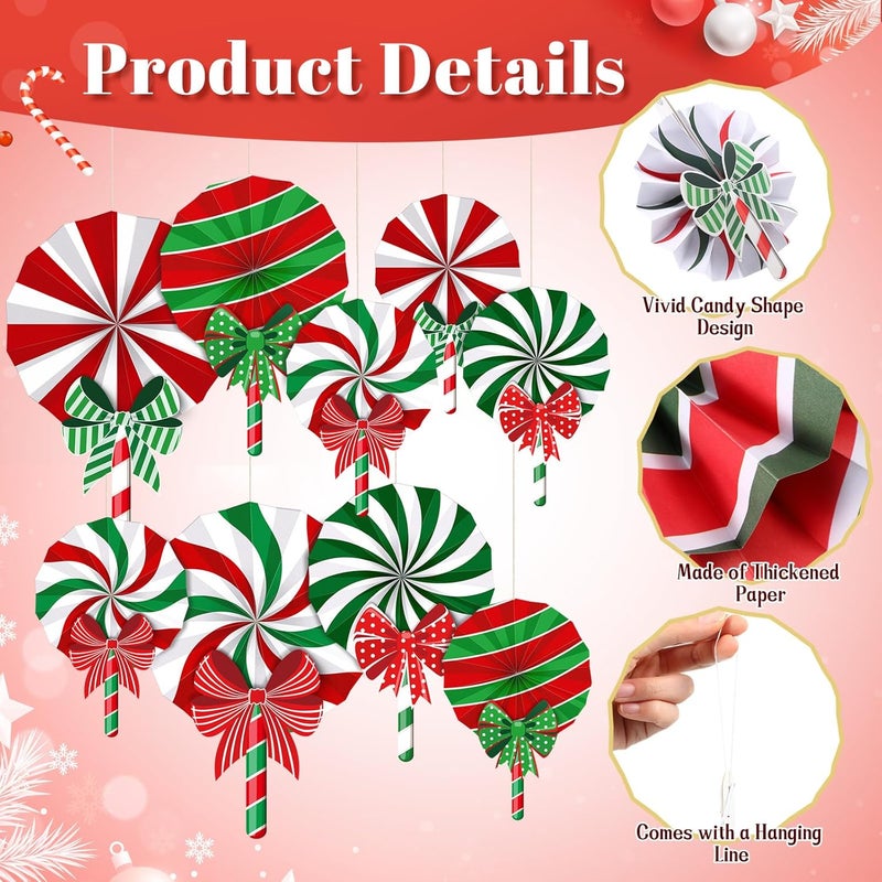 Pajean 12 Pcs Christmas Candy Hanging Paper Fans Peppermint Lollipop Hanging Fans Christmas Classroom Ceiling Decoration Candy Garland for Birthday Party Ceiling Wall Tree Ornaments - Image 3