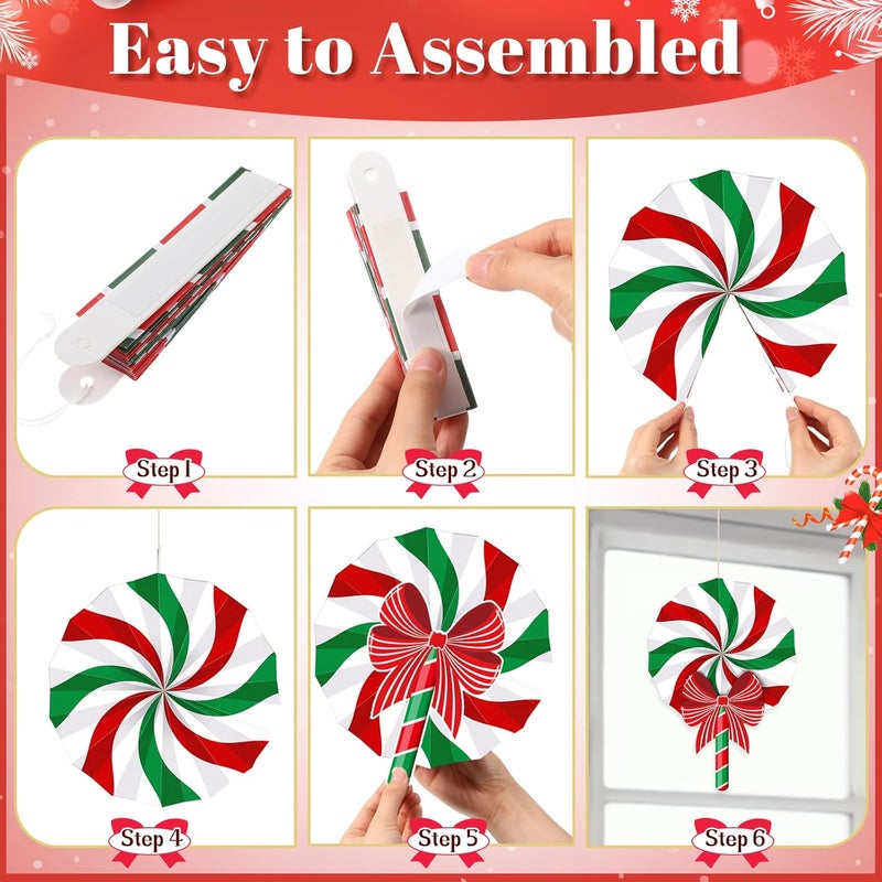 Pajean 12 Pcs Christmas Candy Hanging Paper Fans Peppermint Lollipop Hanging Fans Christmas Classroom Ceiling Decoration Candy Garland for Birthday Party Ceiling Wall Tree Ornaments - Image 4