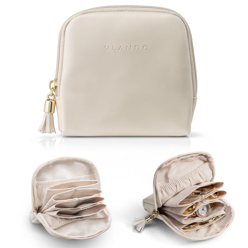 VLANDO Small Travel Jewelry CaseGifts for WomenJewelry Pouch Bags with ZipperVelvet Jewelry Organizer Storage Bag for Bracelet Rings EarringCream White - Image 2