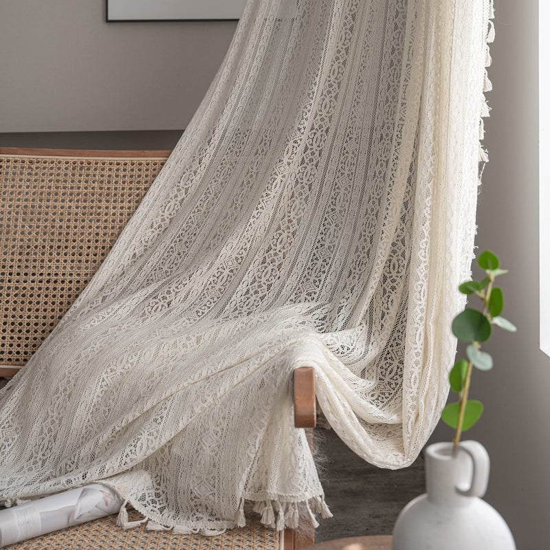 WAZZIO Boho Lace Curtains 63 inch Curtains 2 Panel,Rod Pocket Vintage Bohemian Farmhouse Crochet Cotton Geometry Privacy Sheer Curtain Drapes Farmhouse for Living Room Bedroom,Beige - Image 1