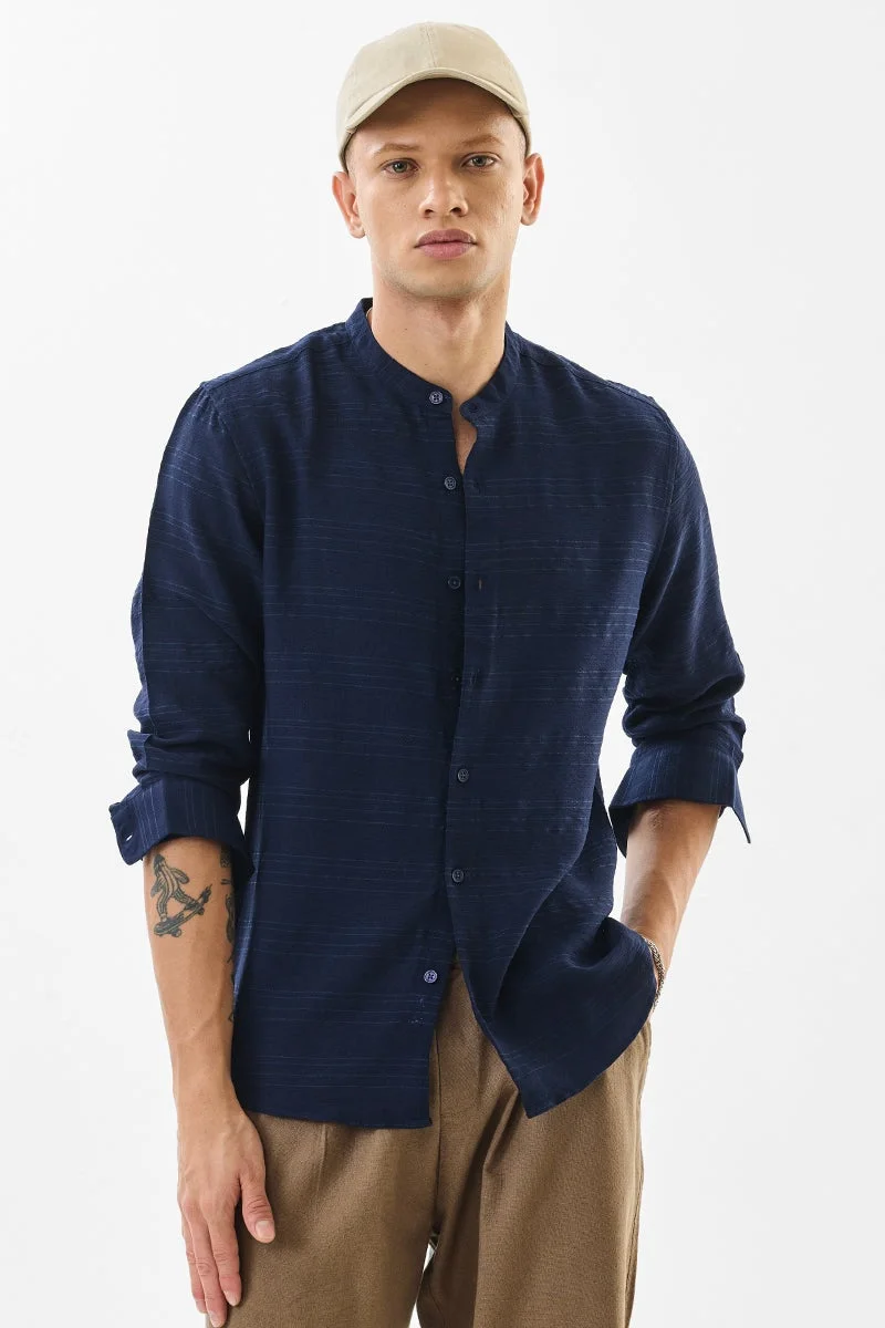 SNITCH Navy Textured Long Sleeve Slim Fit Shirt