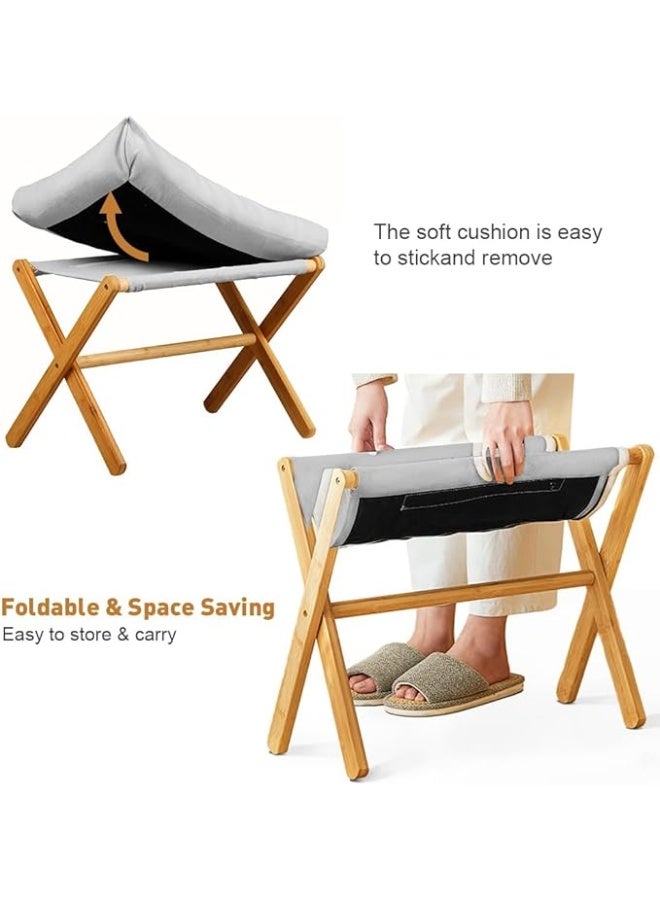 Bukela Folding Upholstered Footrest Stool Small Accent Ottoman with Thick Cotton Cushion & Bamboo X Legs Modern Padded Sofa Stool for Makeup Bedroom Living Room (Grey) - Image 4
