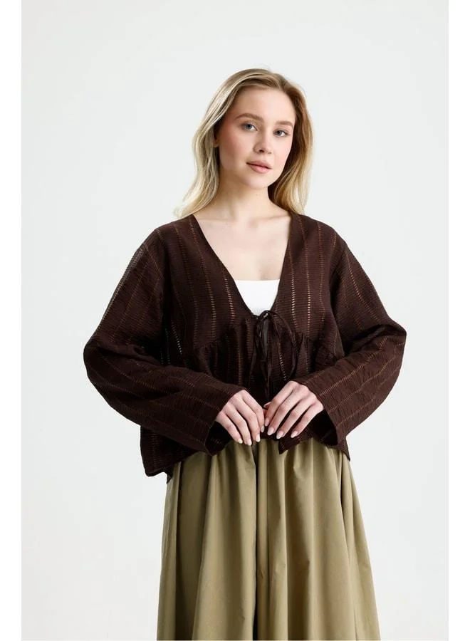 mina aise Brown Front-Tie Blouse 31127.