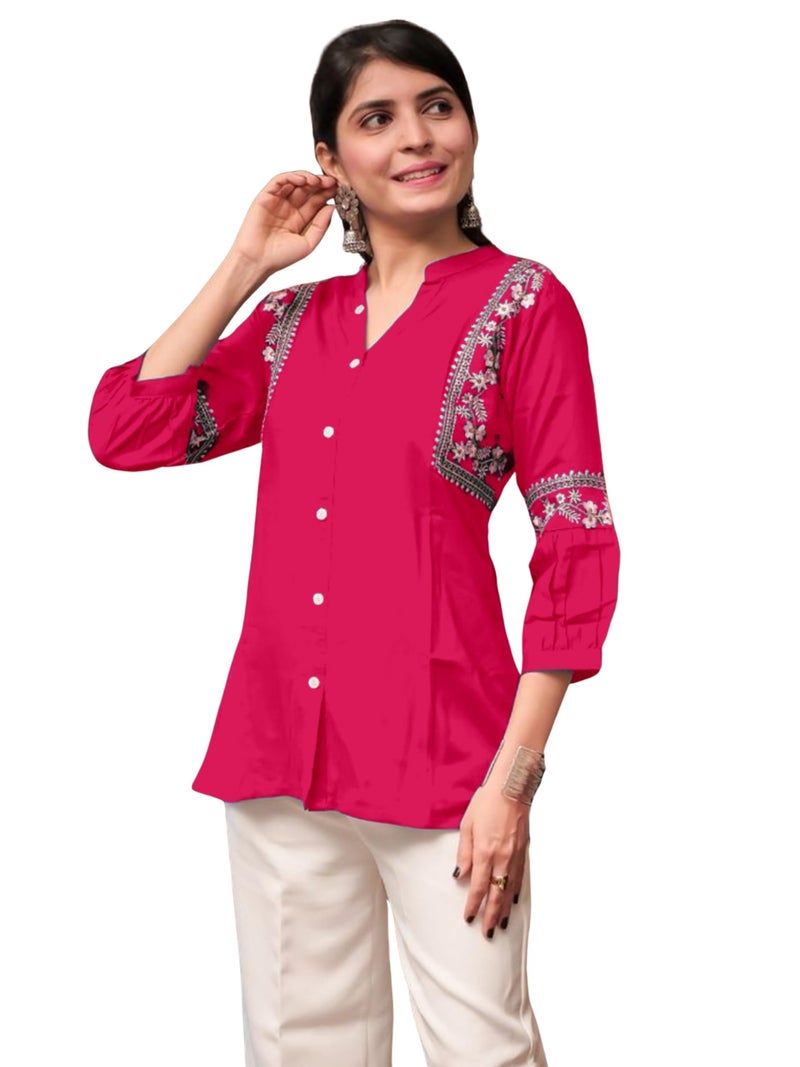 EthnicJunction Women's Rani Viscose Rayon Embroidered A-line Short Kurti | Short Kurti for Women | Top for Office | Women's Tunics Tops | Regular Fit Top - Image 1