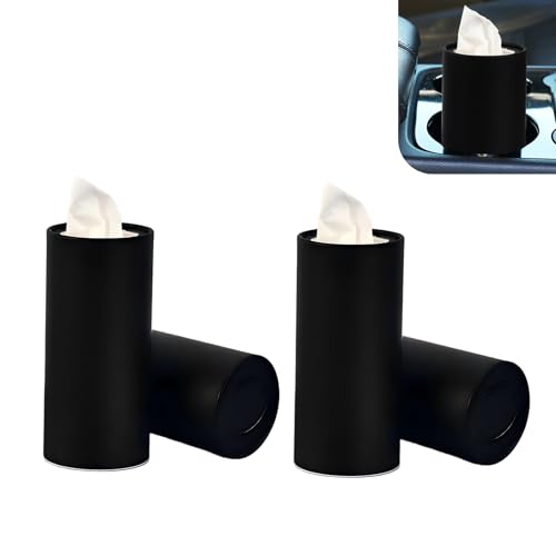 Foelony 4 PCS Car Tissue Holder with Facial Tissues Minimalist Solid Color Cup Holder Facial Tissue Cylinder Portable Refillable Tissues Box Container Universal for Car SUV Home Office Black - Image 1