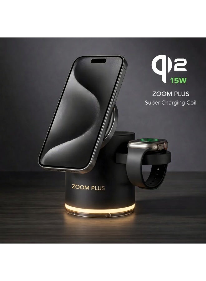 ZOOM PLUS ZPW001 All Rounder 4-in-1 Smart Magnetic Wireless Charger – 15W Fast Charging Station for iPhone, Apple Watch & AirPods – Foldable Design with Strong Magnetic Alignment - Image 2