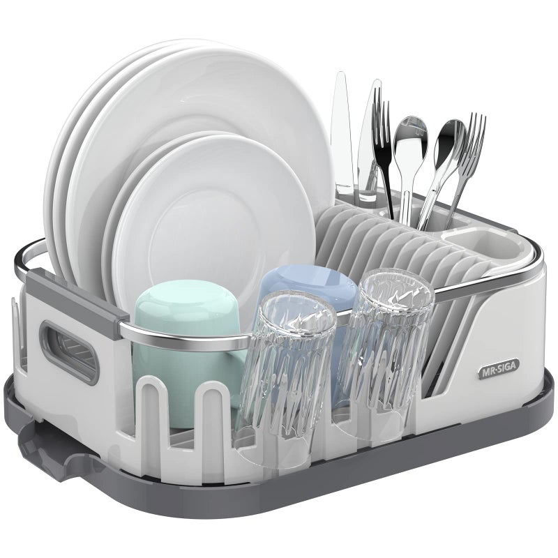 MRSIGA Dish Drying Rack for Kitchen Counter Compact Dish Drainer with Drainboard Utensil Holder and Cup Rack Plastic Kitchen Drying Rack for Dishes Cups Knives Spoons and Forks White