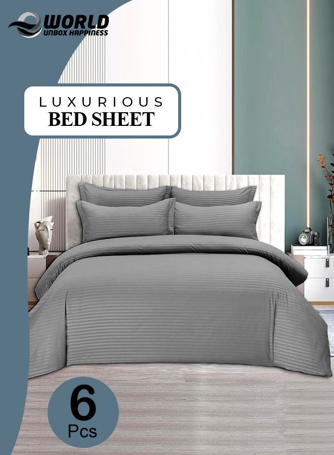 إي وورلد طقم سرير فاخر مكون من 6 قطع بحجم كينج، تصميم مخطط باللون الرمادي، مصنوع من قطن عالي الجودة بفخامة فنادق، مع شرشف سرير وغطاء لحاف ووسائد ناعمة - Image 1