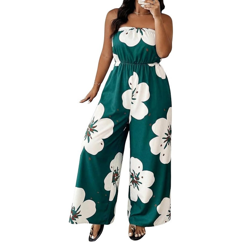 OYOANGLE Women's Plus Size Floral Print Strapless Summer Jumpsuit Off Shoulder One Piece Overall Wide Leg Pants - Image 1