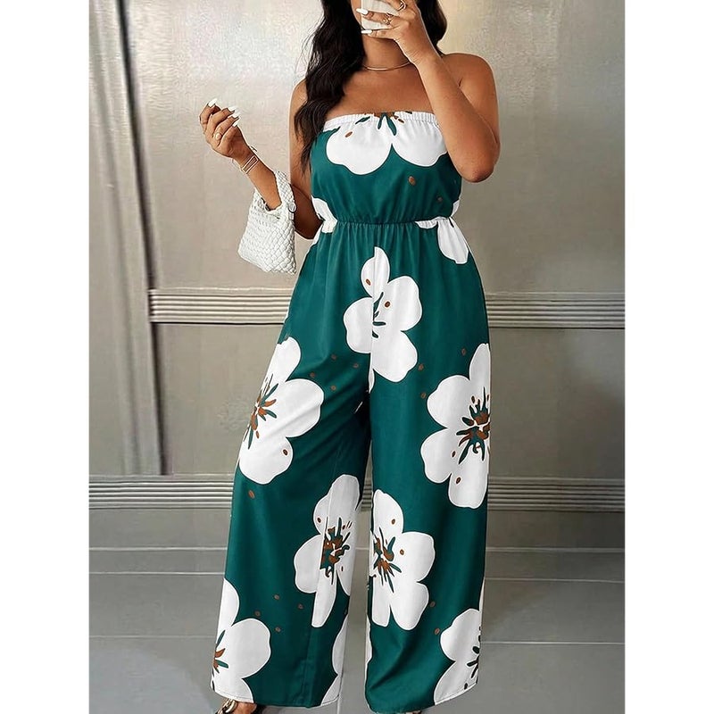 OYOANGLE Women's Plus Size Floral Print Strapless Summer Jumpsuit Off Shoulder One Piece Overall Wide Leg Pants - Image 5