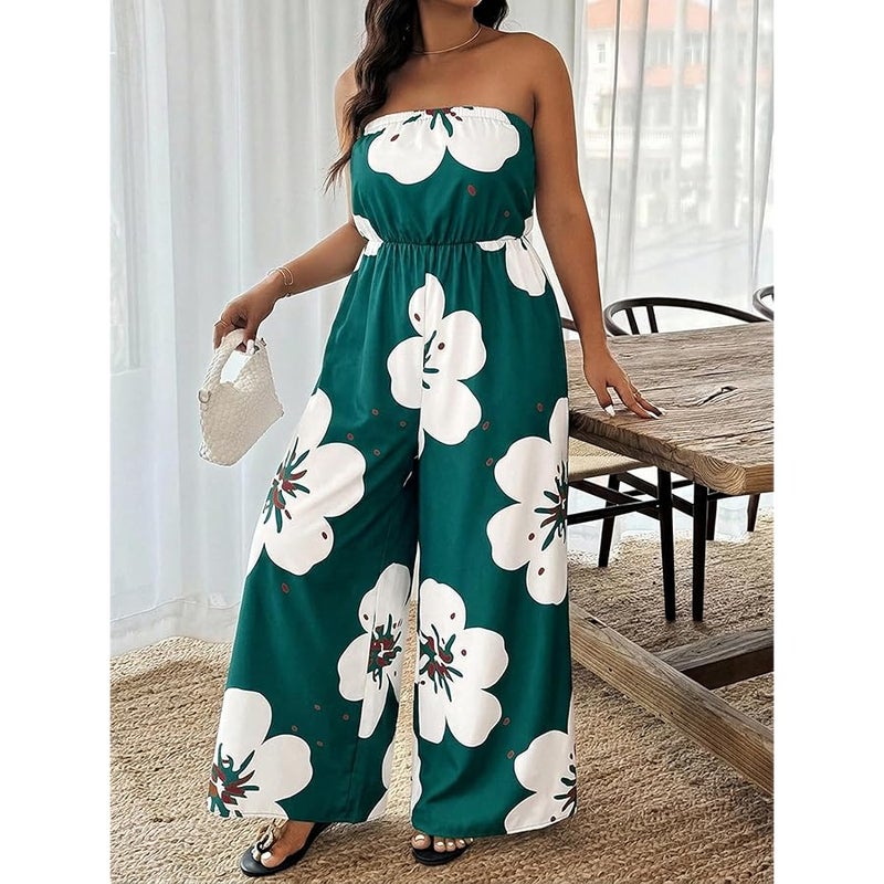 OYOANGLE Women's Plus Size Floral Print Strapless Summer Jumpsuit Off Shoulder One Piece Overall Wide Leg Pants - Image 3
