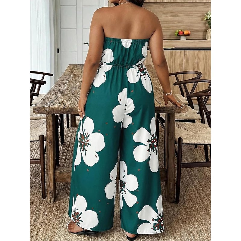 OYOANGLE Women's Plus Size Floral Print Strapless Summer Jumpsuit Off Shoulder One Piece Overall Wide Leg Pants - Image 2
