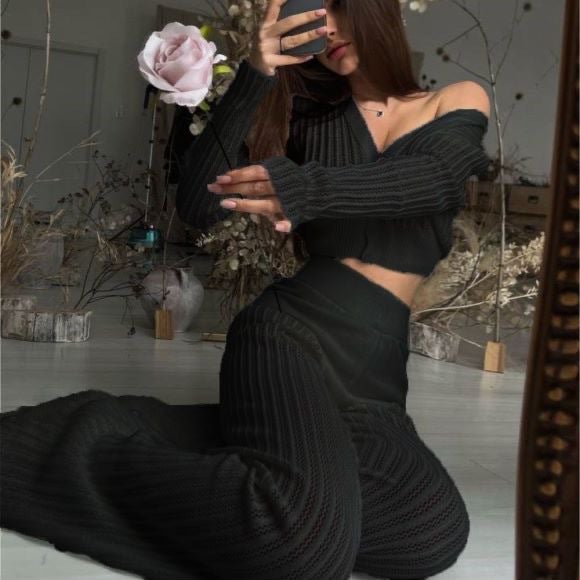 2024 Knit Set Women Casual Hollow High Waist Black  - Image 1