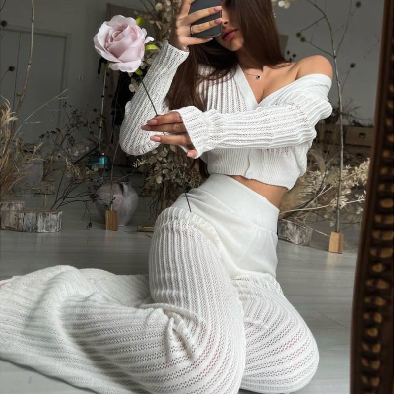 2024 Knit Set Women Casual Hollow High Waist Black  - Image 3