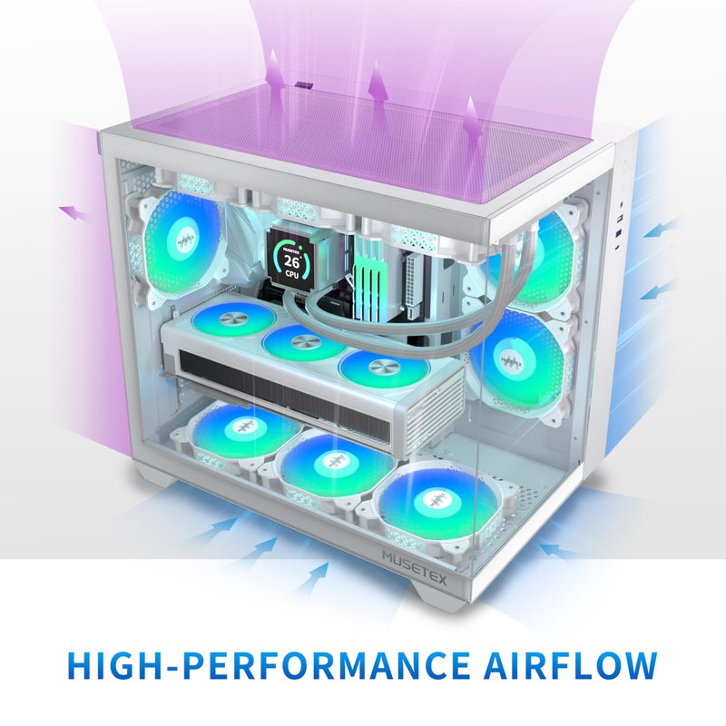 MUSETEX حافظة كمبيوتر MUSETEX ATX، 6 مروحة PWM ARGB مثبتة مسبقًا، دعم راد 360 مم، حافظة كمبيوتر للألعاب من نوع C، زجاج مقسى بزاوية رؤية كاملة 270 درجة، حافظة كمبيوتر ATX بيضاء نقية، Y6 - Image 3