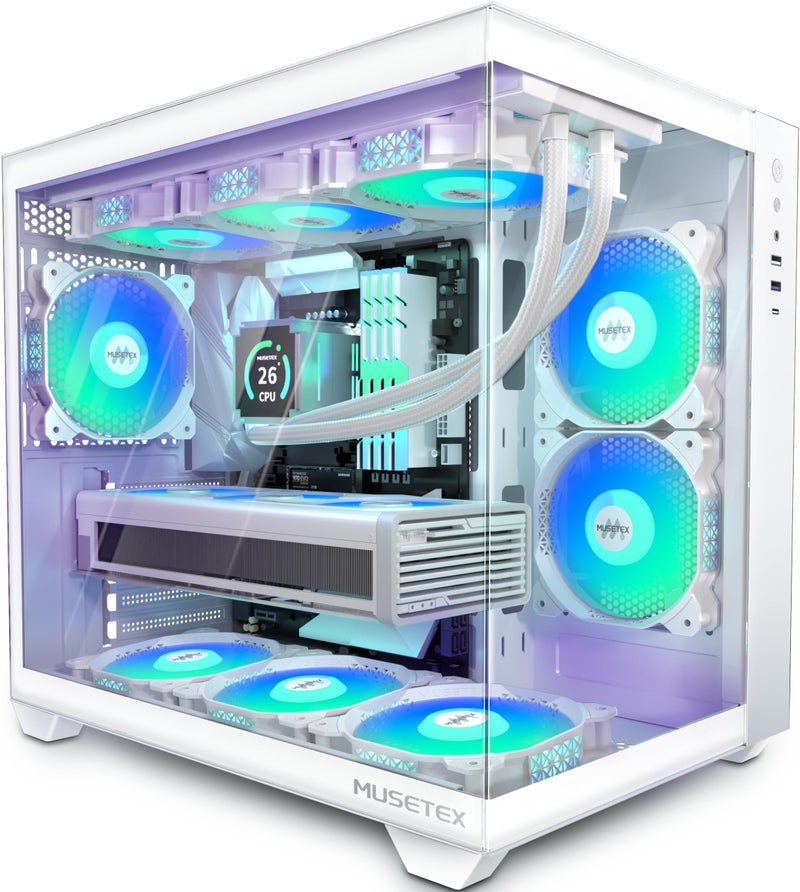 MUSETEX حافظة كمبيوتر MUSETEX ATX، 6 مروحة PWM ARGB مثبتة مسبقًا، دعم راد 360 مم، حافظة كمبيوتر للألعاب من نوع C، زجاج مقسى بزاوية رؤية كاملة 270 درجة، حافظة كمبيوتر ATX بيضاء نقية، Y6 - Image 1