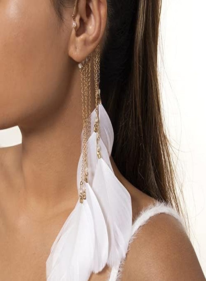 Asphire Bohemian Long Tassel Feather Ear Cuff 1pcs Non-piercing Feather Fringe Earring Elegant Exaggerated Chandelier Ear Wrap for Women Ball Beach Party Statement Jewelry (White) - Image 3