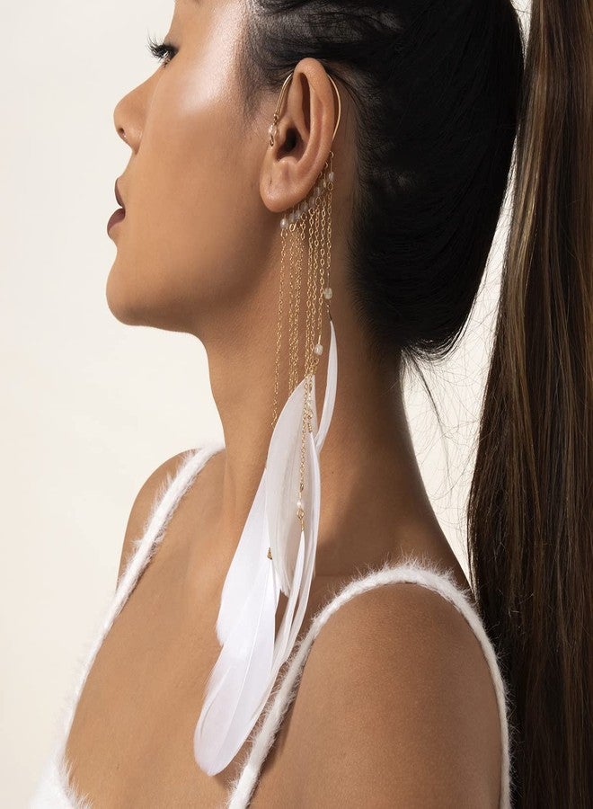 Asphire Bohemian Long Tassel Feather Ear Cuff 1pcs Non-piercing Feather Fringe Earring Elegant Exaggerated Chandelier Ear Wrap for Women Ball Beach Party Statement Jewelry (White) - Image 2