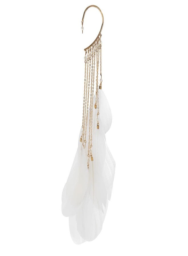 Asphire Bohemian Long Tassel Feather Ear Cuff 1pcs Non-piercing Feather Fringe Earring Elegant Exaggerated Chandelier Ear Wrap for Women Ball Beach Party Statement Jewelry (White) - Image 1