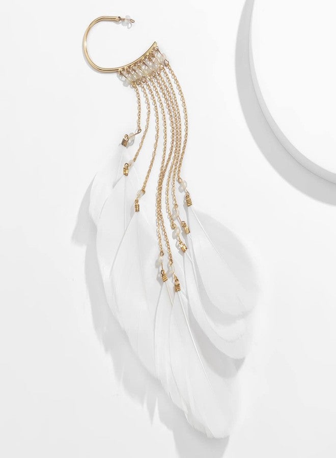 Asphire Bohemian Long Tassel Feather Ear Cuff 1pcs Non-piercing Feather Fringe Earring Elegant Exaggerated Chandelier Ear Wrap for Women Ball Beach Party Statement Jewelry (White) - Image 5