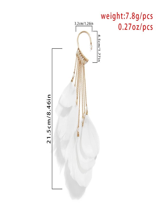Asphire Bohemian Long Tassel Feather Ear Cuff 1pcs Non-piercing Feather Fringe Earring Elegant Exaggerated Chandelier Ear Wrap for Women Ball Beach Party Statement Jewelry (White) - Image 4