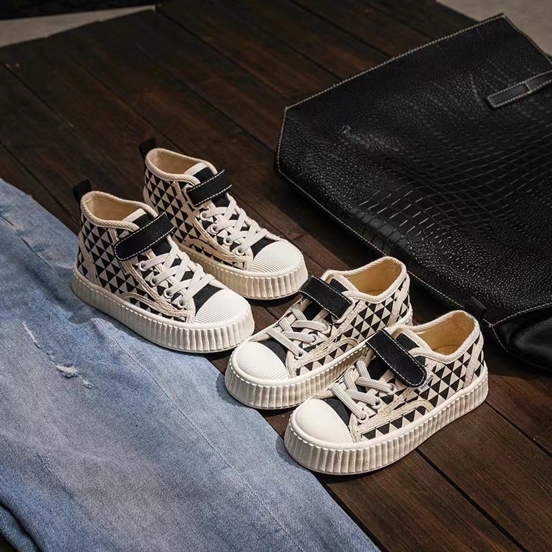 Children'S Shoes Girls' Canvas Shoes 2023 Boys' High-Top Board Shoes Black Plaid Baby Cloth Shoes Casual Shoes - Image 1