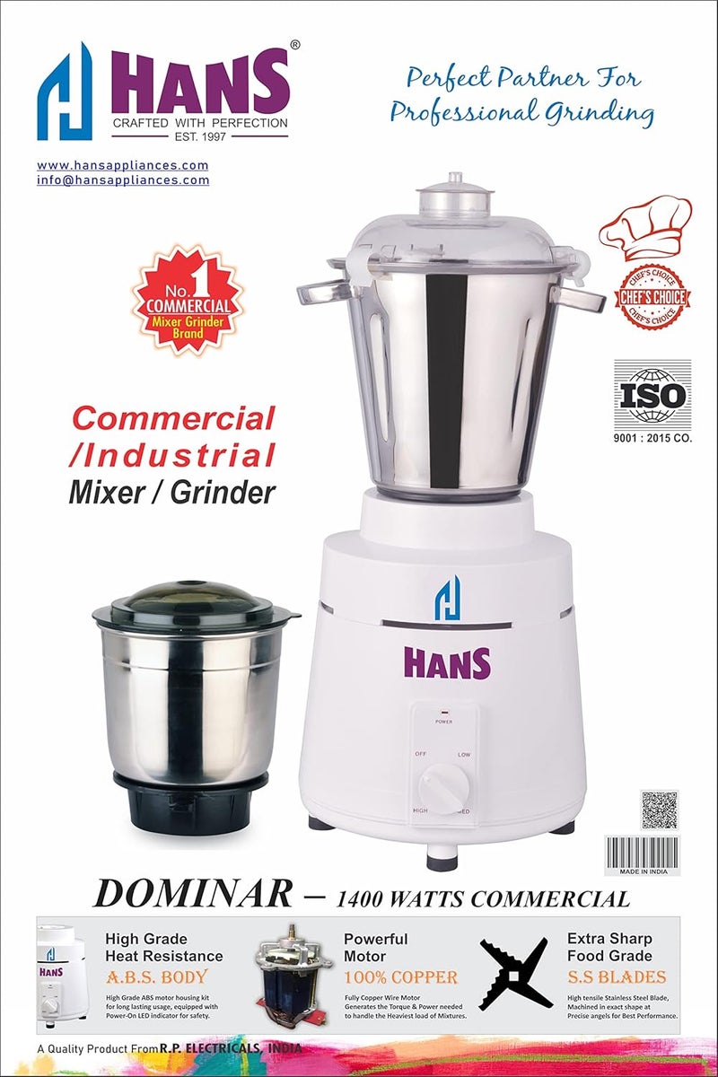 HANS Dominar 1400 Watts 2 HP Commercial Mixer Grinder, 100% Copper Motor, 2.5 litre And 1 Litre Stainless Steel Jars, Heavy Duty Color White - Image 4