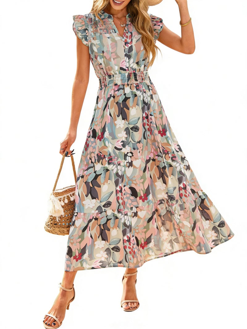 Simplee Apparel Simplee Womens Summer Floral Maxi Dress 2026 Summer Cap Sleeve Smocked Work Dress Ruffle A Line Long Flowy Wedding Guest Dress (Green Floral S) - Image 1