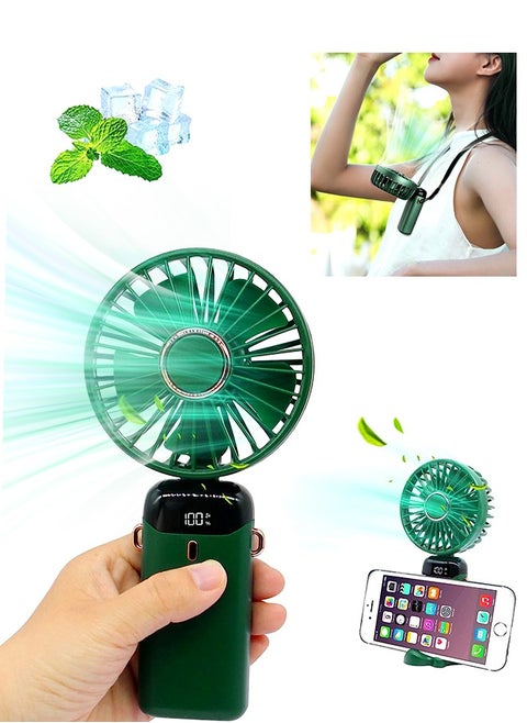 Portable Handheld Fan, Quiet mini Fan, 2400 mAh USB Rechargeable Personal Fan, Battery Operated Table Fan with 5 Speeds for Home , Travel, Commute, Makeup, Office (Green)