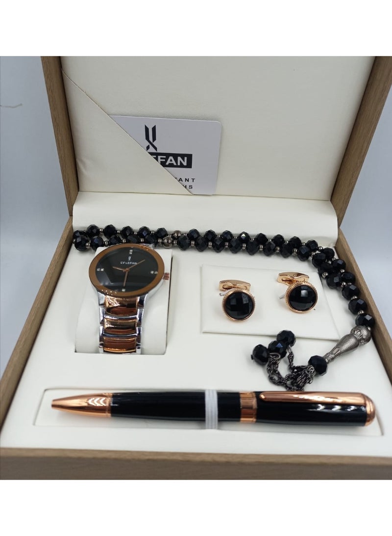 ANEMAR MAN A high-quality, elegant men's gift set including a watch, pen, prayer beads, cufflinks, and a silver and bronze bracelet with a black dial.