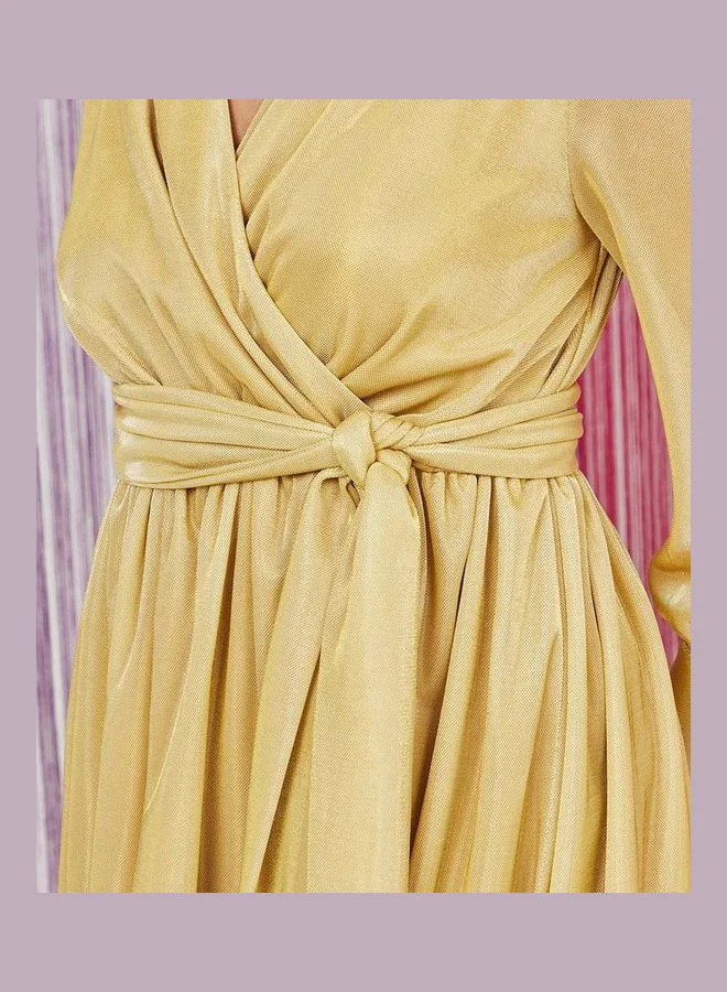 Styli Long Sleeves V Neck A-Line Maxi Dress with Waist Tie