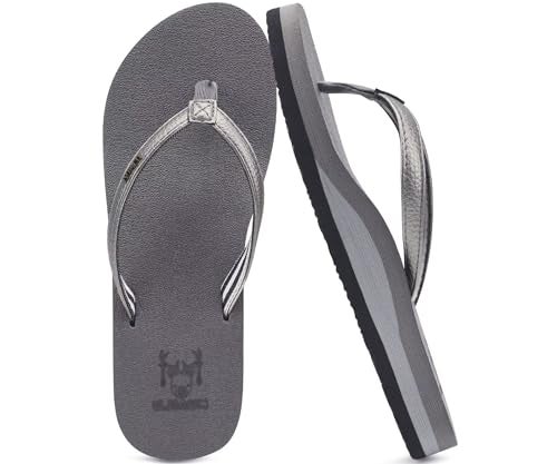 KuaiLu Womens Arch Support Flip Flops Comfortable Yoga Mat Slip on Leather Walking Thong Cushion Sandals Summer Beach Orthotic Slides Travel Essentials Indoor Outdoor Slippers Shoes Grey Size 9 - Image 1
