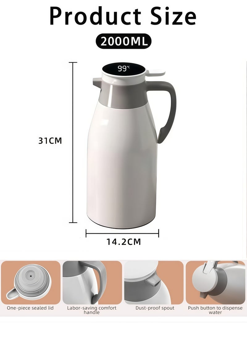 Thermos,2000ml Thermos Bottle with LED Temperature Display – Extra Large Capacity Vacuum Flask with Glass Liner, Thickened Thermal Insulation, Food-Grade Safe Material, One-Button Pouring, Dust-Proof Spout, Durable Hot Water Jug for Tea, Coffee, Milk – Ideal for Home, Office, Travel, Outdoor, Elderly Use(Ivory white) - Image 2