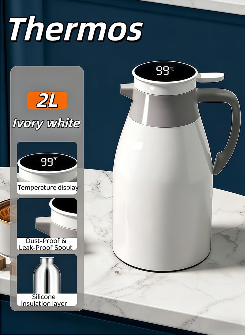 Thermos,2000ml Thermos Bottle with LED Temperature Display – Extra Large Capacity Vacuum Flask with Glass Liner, Thickened Thermal Insulation, Food-Grade Safe Material, One-Button Pouring, Dust-Proof Spout, Durable Hot Water Jug for Tea, Coffee, Milk – Ideal for Home, Office, Travel, Outdoor, Elderly Use(Ivory white) - Image 1