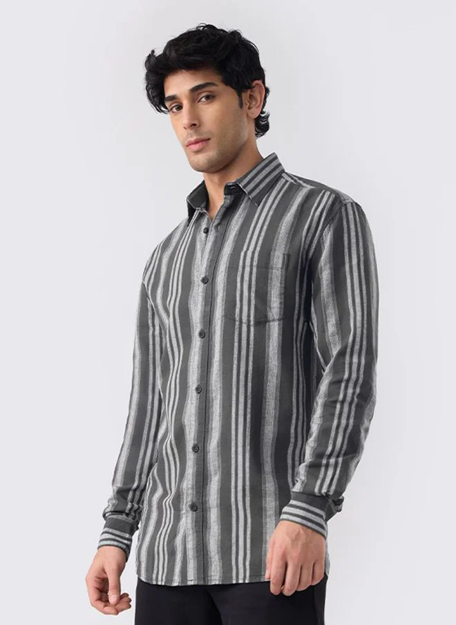 ذا سوليد ستور The Souled Store Men's Regular Fit Cotton Linen Striped Grey Shirt