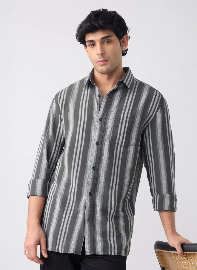 ذا سوليد ستور The Souled Store Men's Regular Fit Cotton Linen Striped Grey Shirt