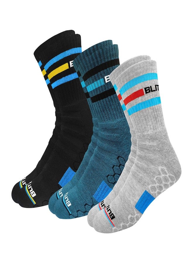 BLITZSOX Cotton Mens Hi-Tech Performance Athletic Crew Length Socks (Tennis, Badminton, Running, Gym & Indoor Training), Pack of 3 (Free Size, Grey, Teal, Black) - Image 1