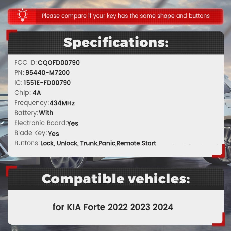 Beefunny Smart Key Fob Replacement for for KIA Forte 2022 2023 2024 Keyless Entry Remote Control Keyfob 433MHz 4A Chip FCC ID:CQOFD00790 P/N:95440-M7200 (1) - Image 2