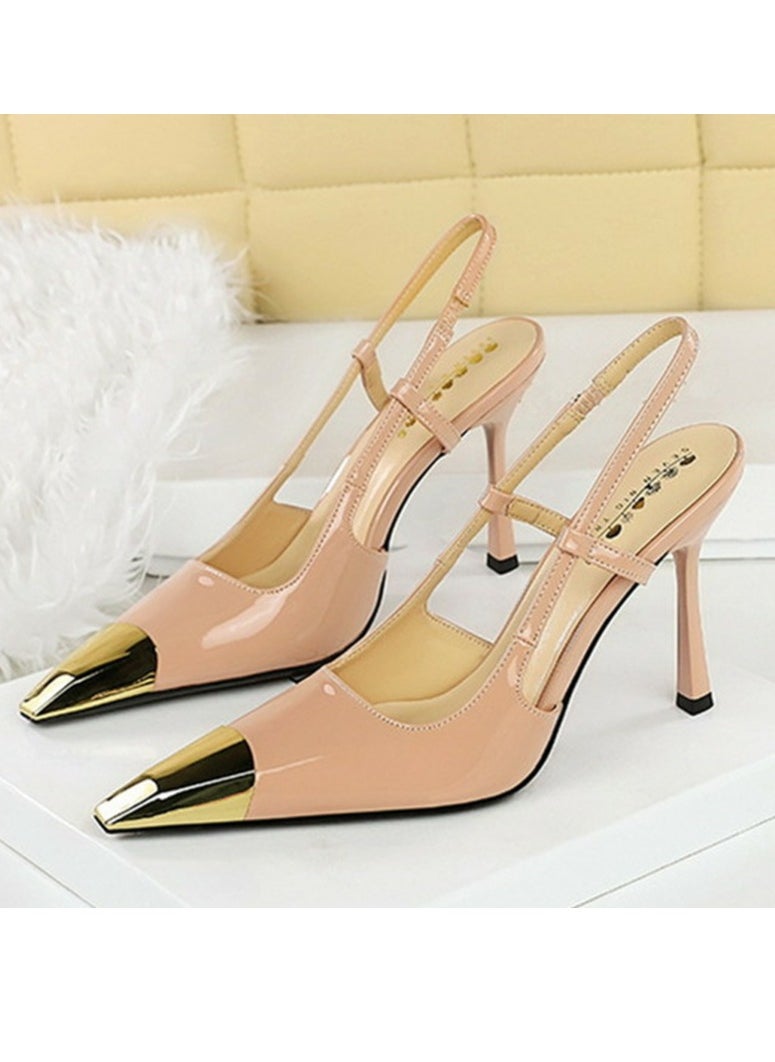 BIGTREE Women's Metal Closed Pointed Toe Stiletto Pump High Heels Beige 9.5 CM  - Image 1