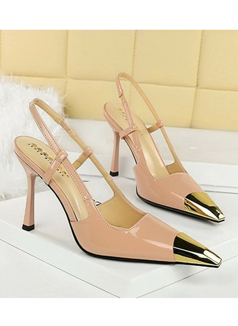 BIGTREE Women's Metal Closed Pointed Toe Stiletto Pump High Heels Beige 9.5 CM  - Image 2